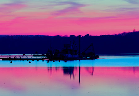 pink sky - sky, lake, pink, boat, ship, color