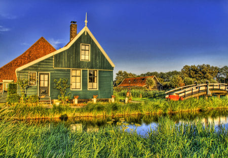 houses - landscape, lake, grass, color, houses, bridge