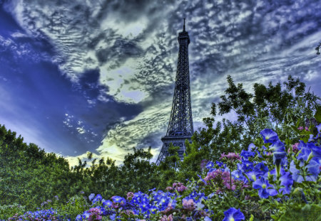 Eiffel Tower - flowers, clouds, trees, paris, tower, architecture, sky, eiffel tower