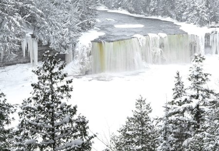 winter waterfall - fall, trees, river, snow, winter, waterfall