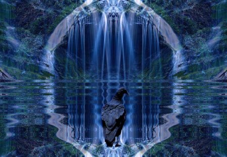 blue fantasy - lake, 3d, blue, waterfall, fantasy, bird