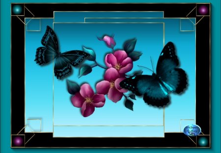 TEAL MYSTIC - teal, flowers, pink, butterflies