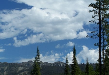 Big Sky Montana - clouds, trees, blue sky, mountain, rocks