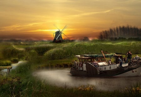 Sunset over the Windmill - sky, glowing, beautiful, fishermen, orange, pond, boat