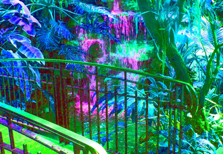 Fantasy Waterfall - colorful, waterfall, plants, rainforest, bridge