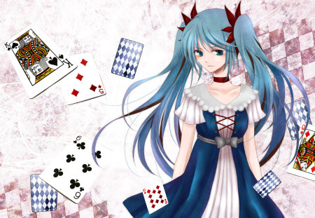 Karakuri Pierrot - aqua, music, anime girl, white, art, cool, aqua eyes, checkered, artistic, hatsune miku, song, vocaloids, program, vocaloid, beautiful, cards, diva, dress, nice, beauty, twintail, karakuri pierrot, singer, aqua hair, black, virtual, pretty, idol, anime, miku, cute, girl, cg, hatsune, blue, digital, awesome