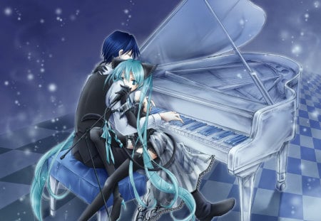 Hatsune Miku & Kaito - volcaloid, hatsune miku, sexy, piano, kaito, mike