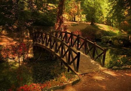 Autumn - leaves, fall, bridge, autumn