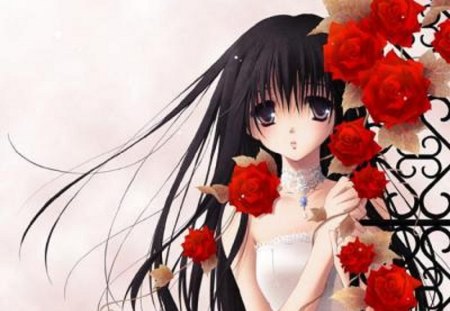 Flowergirl - dark hair, roses, girl, anime