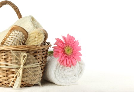 Spa - beauty, nice, photography, leaf, basket, still life, white, relaxation, cool, pretty, gently, relax, harmony, lovely, gerber, beautiful, pink, spa, flowers, photo