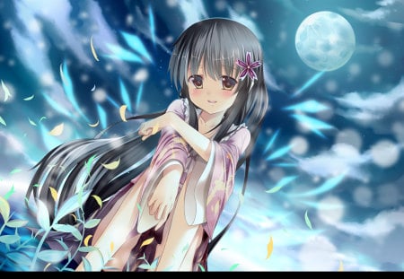 Cute girl - waiting, moon, anime, girl, cute, sweet