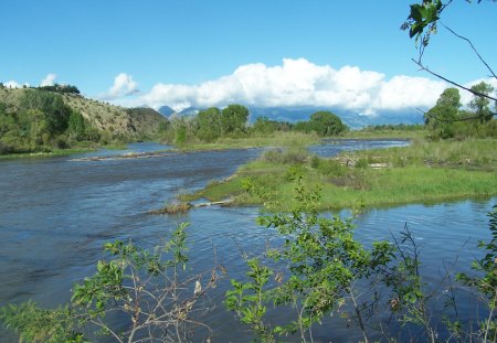 River Bends - clouds, river, green, treesblue, mountains, sky