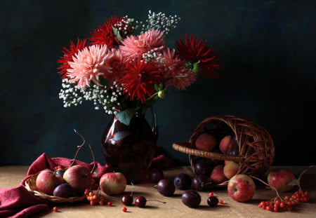 Still life - flower, flowers, vase, fruits, still life