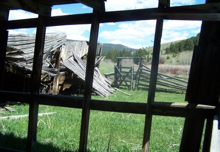 Window of Time - house, hills, homestead, window, grass, sky clouds, fence