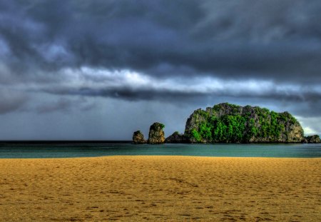 ROCKY ISLAND - sky, beach, ocean, trees, island, rock