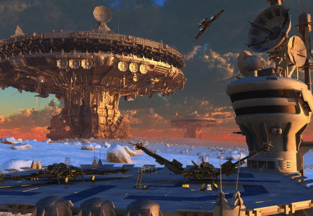 landing platform - towers, spaceships, blue sky, clouds