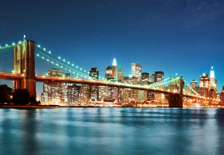 brooklyn bridge - sky, photography, water, buildings, skyscrapers, newyork, blue, city, manmade