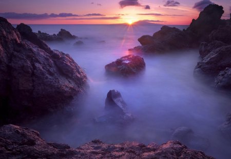 misty sunset - beauty, ocean, beach, sky, photography, sun, water, sunset, rocks, dark, clouds, sea, dusk