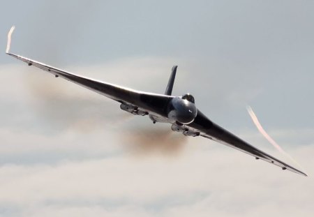 vulcan bomber - areodynamic, smoke, blue sky, vapour, couds