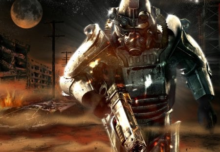 soldier - moon, gun helmet, destroyed buildings, body armour, stars