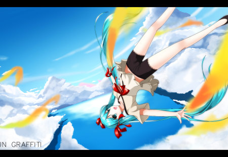 Hatsune Miku - aqua, thighhighs, music, anime girl, white, art, yellow, cool, aqua eyes, artistic, hatsune miku, leggings, song, vocaloids, program, bow, vocaloid, beautiful, uniform, sea, diva, beauty, nice, sky, water, twintail, graffiti, singer, blue sky, aqua hair, black, virtual, pretty, idol, clouds, anime, miku, cute, ocean, girl, gold, cg, hatsune, red, blue, awesome, digital, outfit