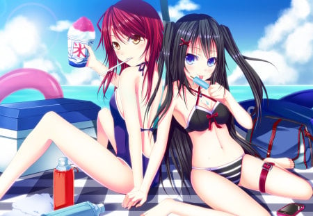 Original - yellow eyes, food, long hair, red hair, 2girls, bikini, black hair, sky, blue eyes