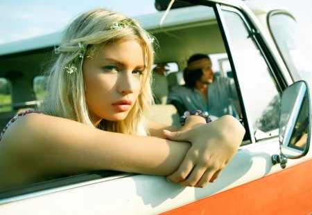 Woman hanging out the door - woman, fun, sexy, vw, bus