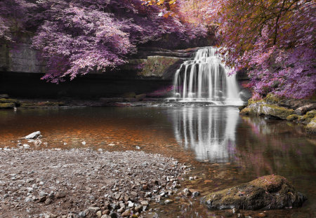 PURPLE CASCADE - fall, trees, water, purple