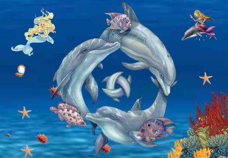 DOLPHINS IN A CIRCLE - circle, dolphins, playing, cartoon