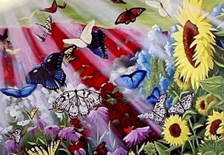 FLYING TOWARD THE SKY - sky, sunflowers, butterflies, flying