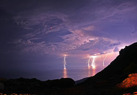 LIGHTNING - ocean, stars, clouds, night, lightning, storm