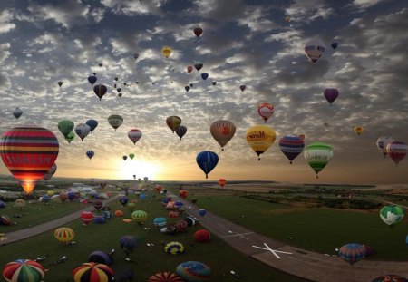 PARADE OF BALLOONS - sky, clouds, air balloons, sunset, colorful