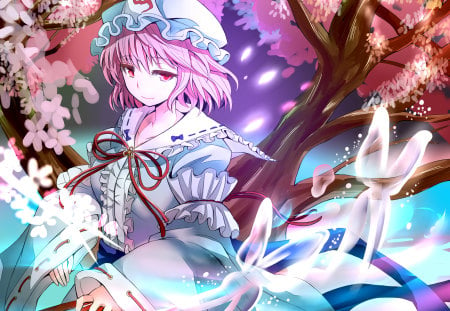 touhou - maripose, short hair, sakura, dress, pink hair, red eyes