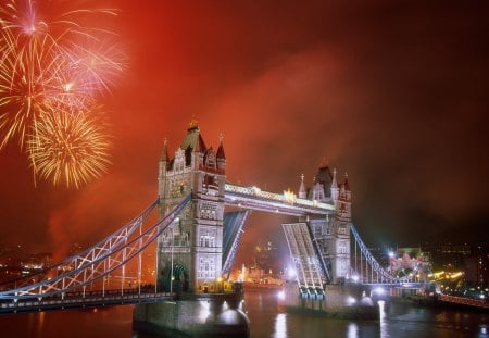 Fireworks - city, night, architecture, fireworks, bridge