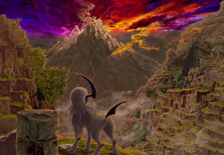 The Great Northern Mountain - bird, trees, anime, end, pokemon, abosl, mountain, music, fire, land, temple, sky, ruins, rocks