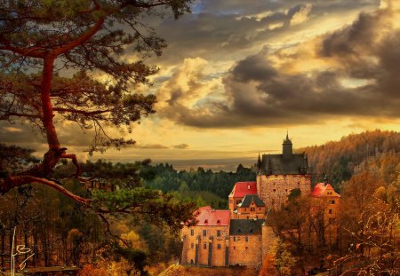 Forest Stronghold - trees, stronghold, forest, mountains, castle