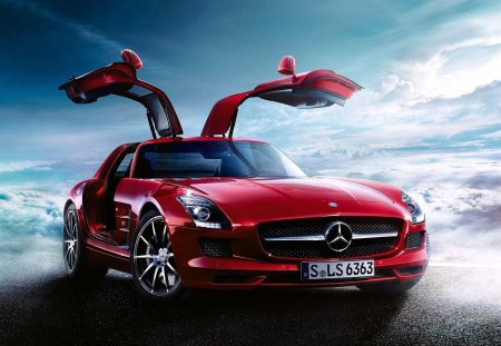 Dream Merc - sports, sls, mercedes, gullwing, car, wing, clouds, red, gull