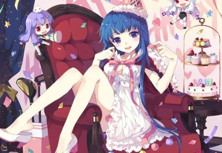 Original - blue hair, hat, long hair, animal, 2girls, dress