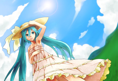 Hatsune Miku - aqua, sun, thighhighs, music, anime girl, meadow, white, art, cool, aqua eyes, grass, artistic, hatsune miku, hills, light, song, vocaloids, program, glow, vocaloid, beautiful, diva, dress, beauty, nice, sky, hat, twintail, singer, aqua hair, black, virtual, pretty, idol, clouds, anime, green, miku, cute, sunlight, girl, cg, hatsune, blue, awesome, digital