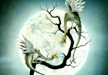 Dragons in the Moon Light - abstract, fantasy, dragons, full moon, other