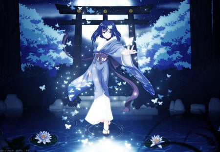 Hatou Yumei - moon, beauty, sky, sexy, hot, long hair, anime girl, stunning, pretty, beautiful, kimono, japanese clothes, cute, dress