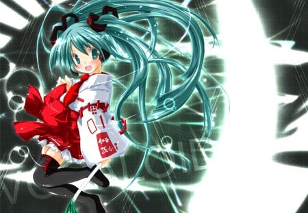 Hatsune Miku - pretty, artistic, maiden, headphones, nice, program, leggings, hot, spring onion, thighhighs, beauty, virtual, cg, white, cute, aqua eyes, song, sexy, leek, vocaloid, anime, blue, twintail, shrine maiden, hatsune miku, microphone, music, aqua, red, art, idol, anime girl, beautiful, singer, girl, blush, cool, black, miku, negi, awesome, diva, digital, aqua hair, hatsune, vocaloids, headset