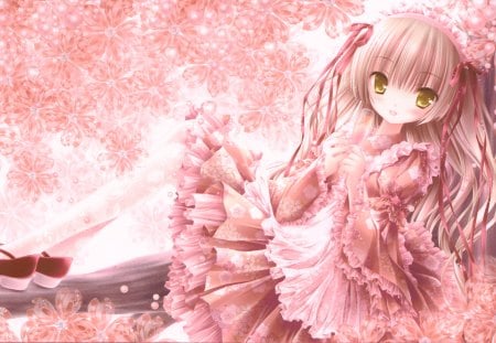 Anime - kawaii, dress, petals, pink, golden eyes, flowers, shoes, cute, ribbon, bow