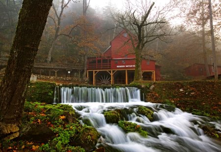 Watermill - watermill, waterfalls, fog, mist, forest