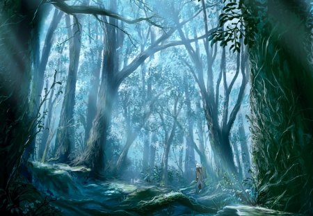 The Traveler.... - sun rays, fantasy, traveler, forest, old trees, woods