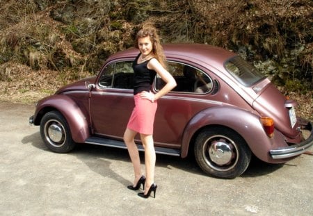 vw and cute girl - leggy, high heels, car, babe