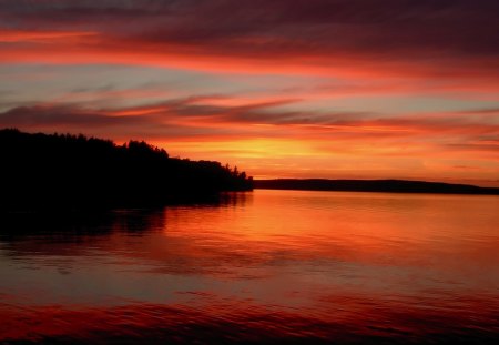 Red Sunset - lake, sky, mounts, sun, sunset, scencery, nature, view, reflection, red, beautiful, clouds