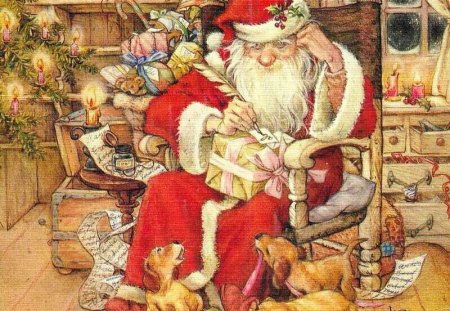 Santa - kids, yellow, presents, toys, santa claus, christmas, santa, red, green