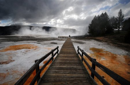 Mammoth_Hot_Spring - clouds, trees, nature, hot, lake, smoke, sky, bridge