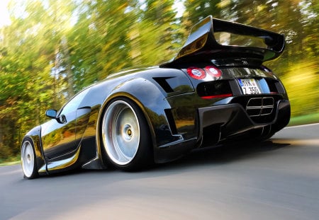 moded veyron - sunny day, road, black, siver alloys, trees, grass